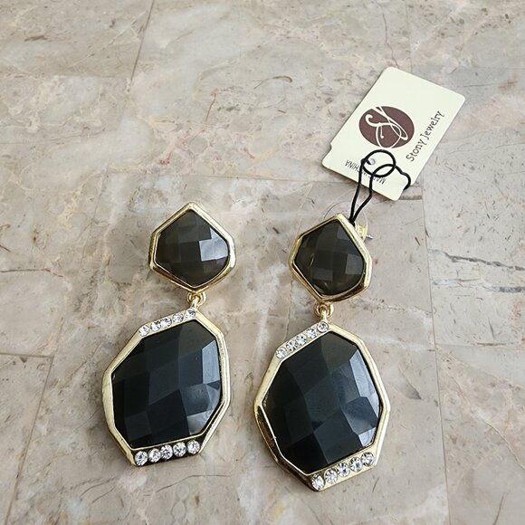 Stony Dark Gray and Rhinestone Earrings - Picture 1 of 6